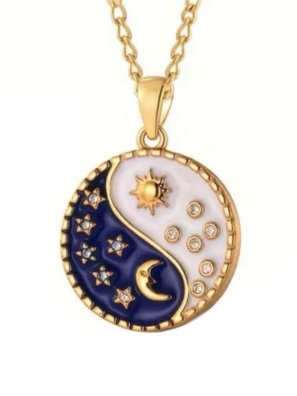 “Night vs Day” Yin Yang Sun Moon Blue White Star Crystal Gold Medallion Necklace - Picture 7 of 8